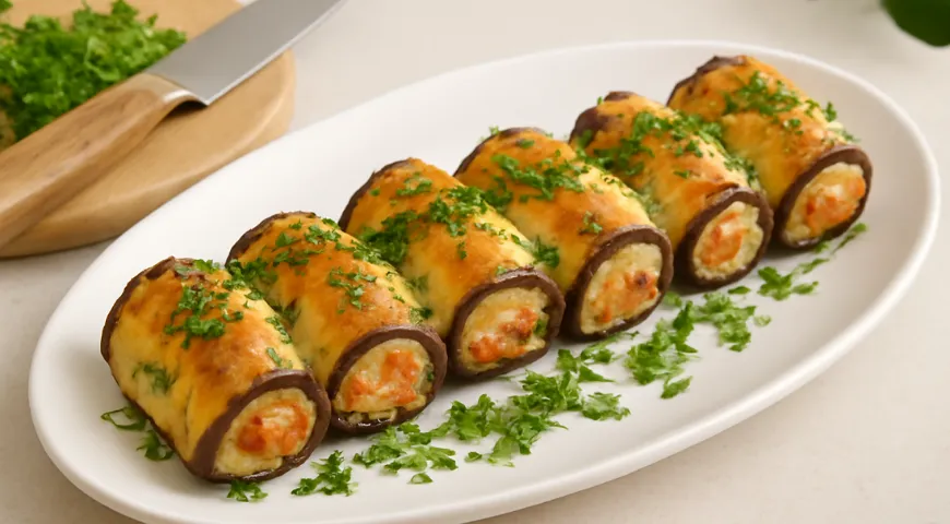 Рулетики из баклажанов с помидорами, сыром и чесноком