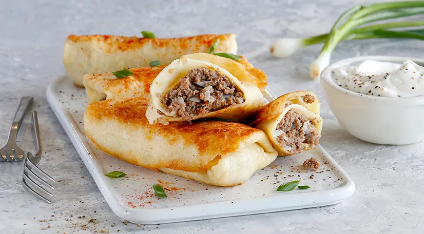 Рецепт блинов с мясом на сковороде