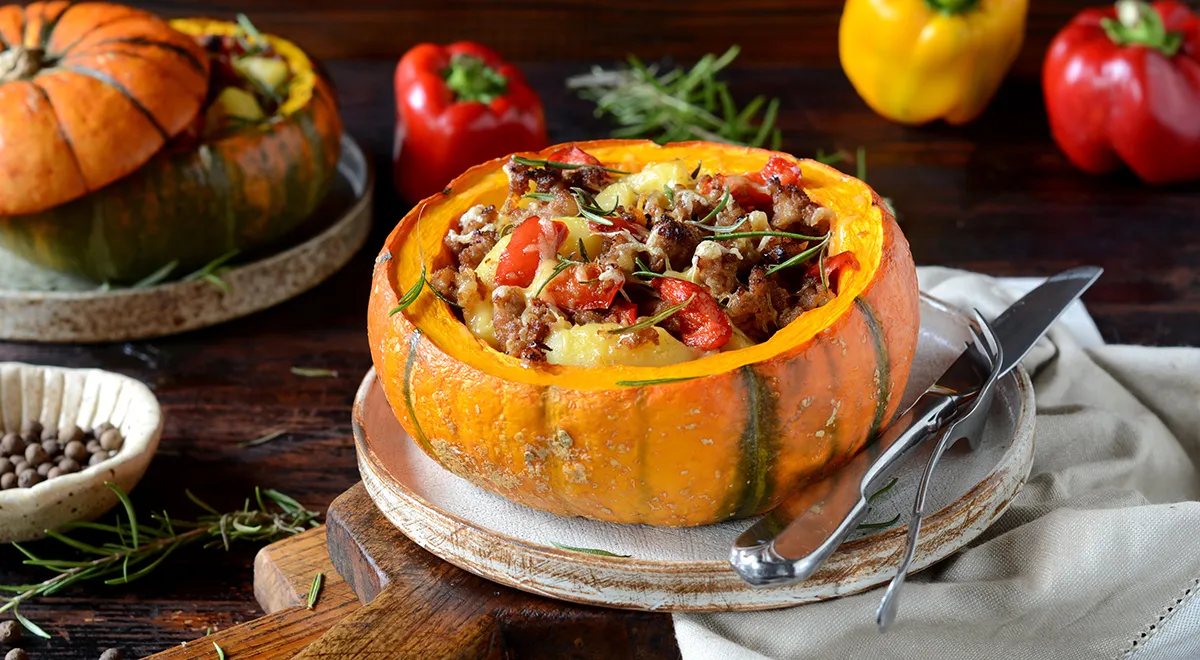 Рецепт запеченной тыквы с мясом и картошкой в духовке