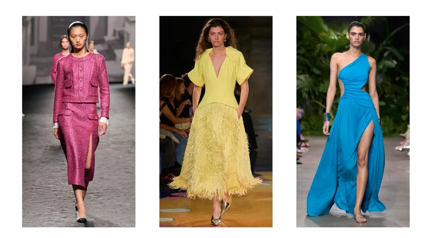 Мода 2023, тренд «яркий монохром»; показ весенней коллекции, Chanel, Bottega Veneta и Michael Kors (слева направо)