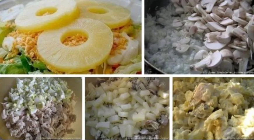 Праздничный слоеный салат с курицей, грибами и консервированными ананасами, рецепты с фото