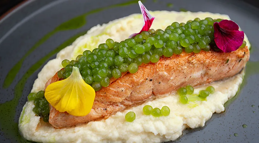 Филе лосося с овощным пюре и белковой икрой