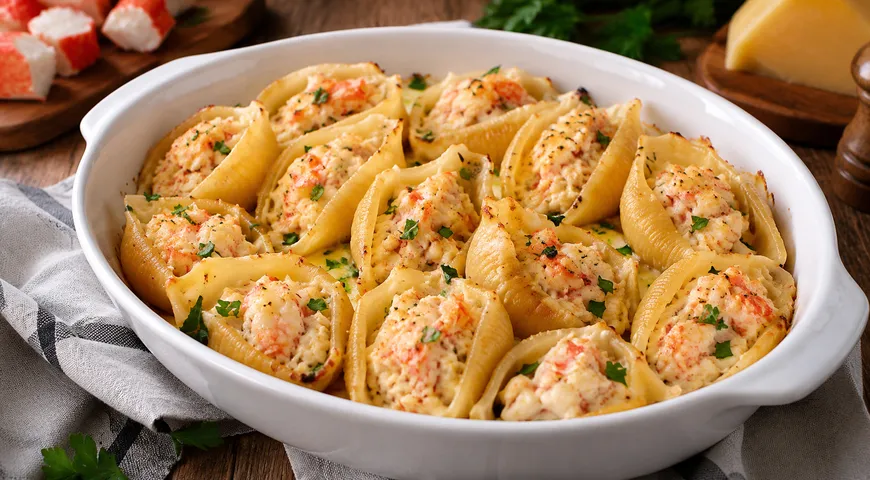 Рецепт конкильони (крупных макарон-ракушек), фаршированных крабовым мясом