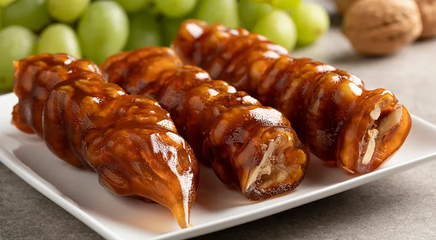 В среднем энергетическая ценность чурчхелы — от 350 до 500 ккал на 100 г