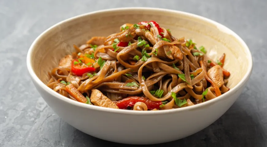 Соба с курицей, овощами и терияки