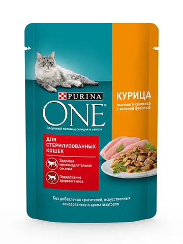 Влажный корм Purina ONE® для стерилизованных кошек, с курицей и зеленой фасолью, Пауч, 75 г