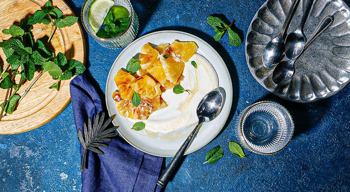 Рецепт ананаса фламбе с ванильным кремом (приготовлен с добавлением ванильного сахара)