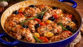 Кролик на сковороде с оливками