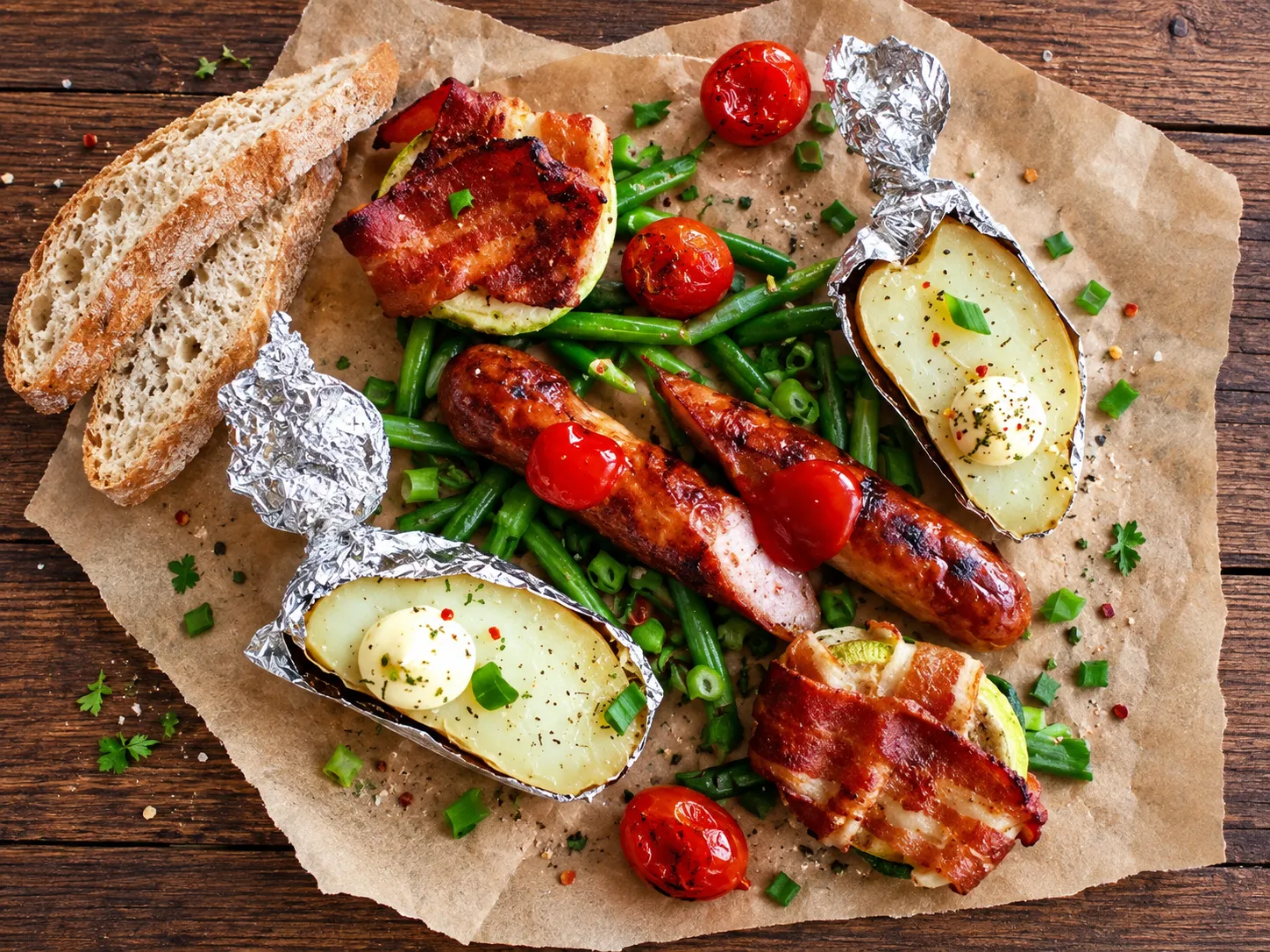 Готовим колбаски мясные гриль с картофелем и кабачком