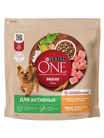 Сухой корм Purina ONE МИНИ Активная для собак мелких пород с курицей и рисом 1.5кг