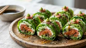 Роллы из листового салата с копчёным лососем