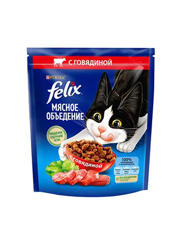 Сухой корм Felix Мясное объедение для взрослых кошек, с говядиной 600 г