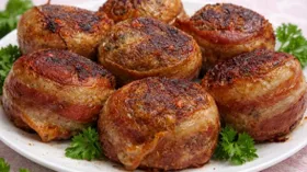 Говяжьи котлеты в беконе на сковороде