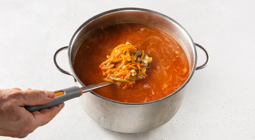 Рассольник с куриными сердечками