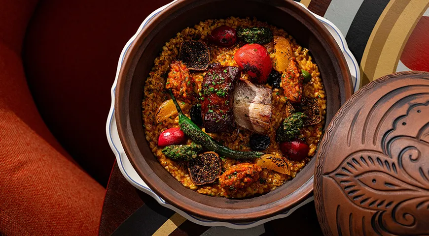 Тажин с булгуром и ребром бычка