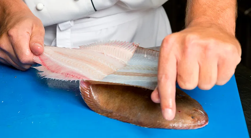 Чтобы очистить морской язык от кожицы, возьмите тушку за хвост и резким движением потяните шкурку по направлению к голове