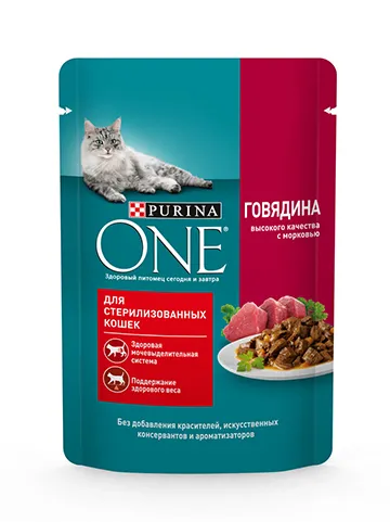 Влажный корм Purina ONE для стерилизованных кошек, с говядиной и морковью, Пауч, 75 г