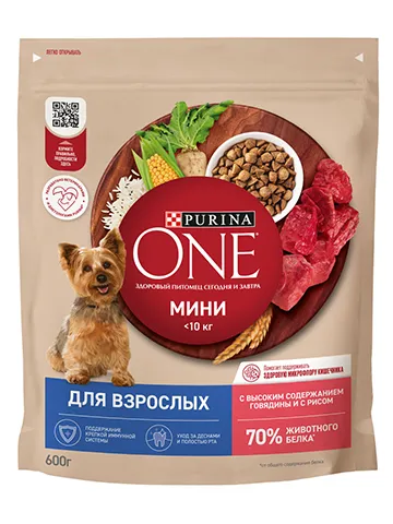 Сухой корм Purina ONE® для взрослых собак мелких и карликовых пород, с высоким содержанием говядины и с рисом, Пакет, 600 г