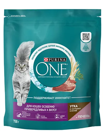 Сухой корм Purina ONE® полнорационный для кошек особенно привередливых к вкусу с высоким содержанием утки и c печенью, 750 г