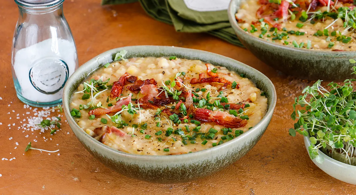 Рецепт горохового пюре с беконом и луком